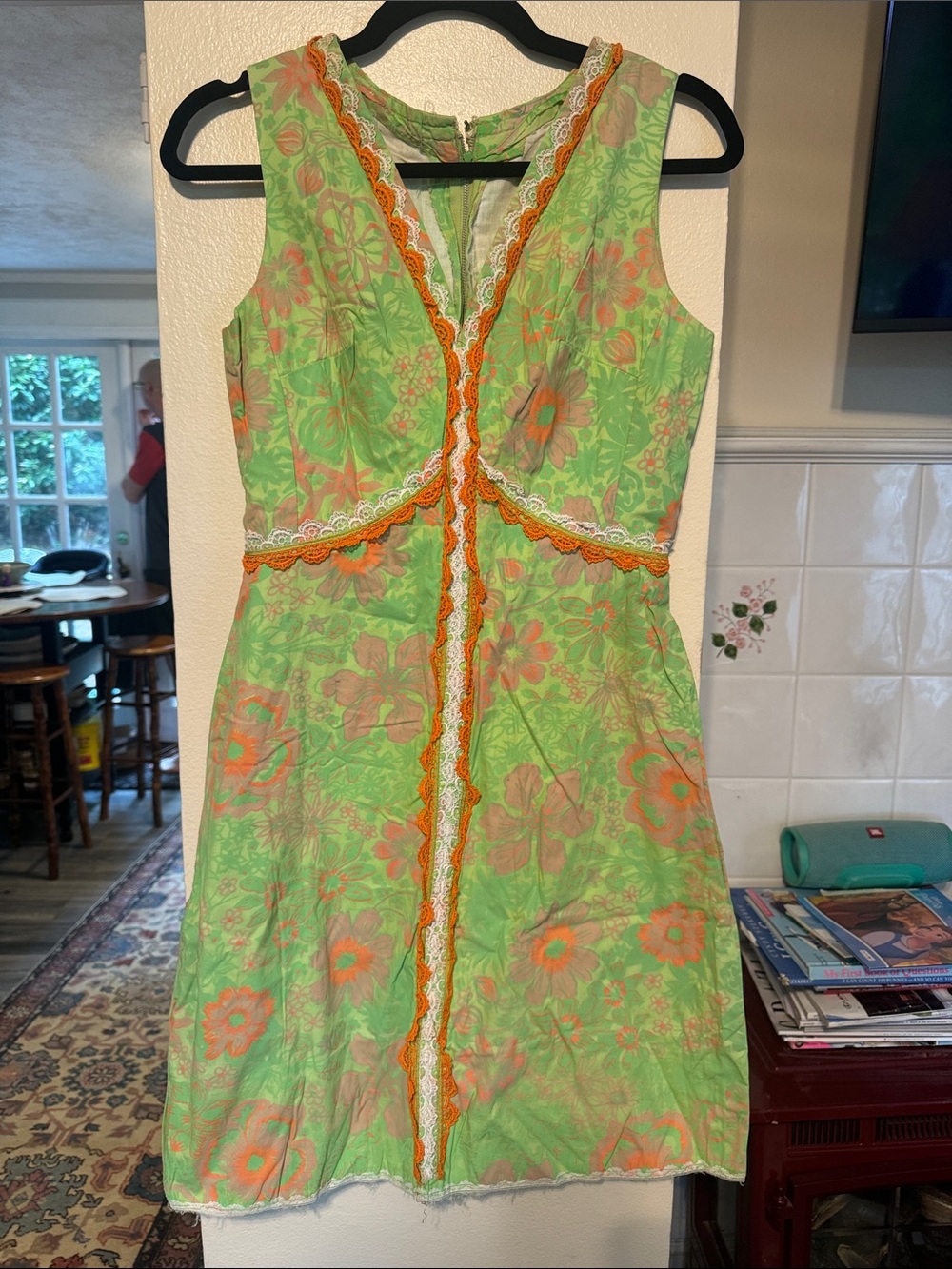 Unbranded Vintage Green Floral Sleeveless Dress with Orange Trim size S/M